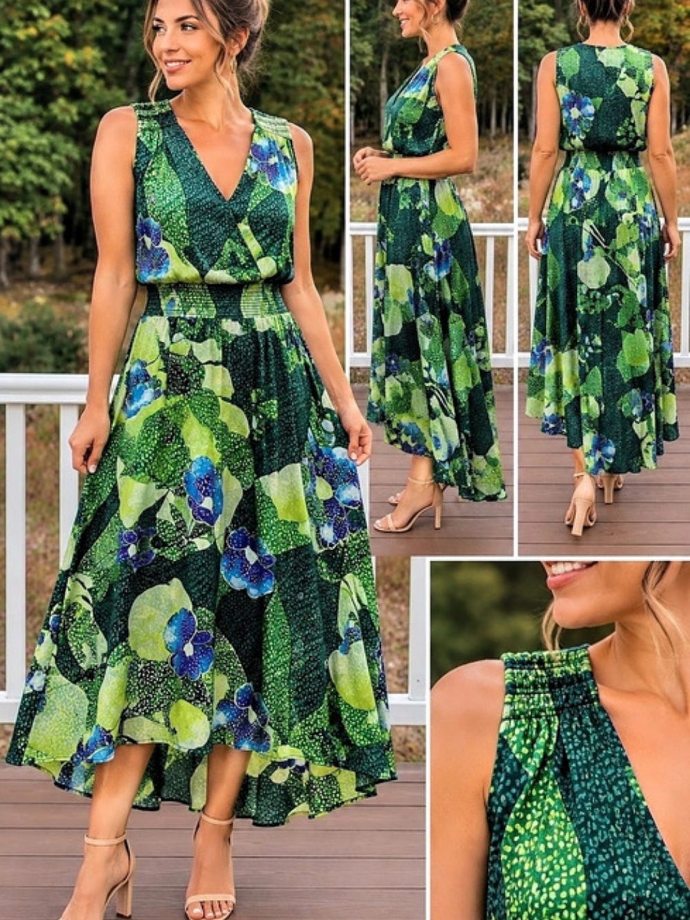 White House Black Market Green Floral Boho Feminine High Low Midi Dress Size 12